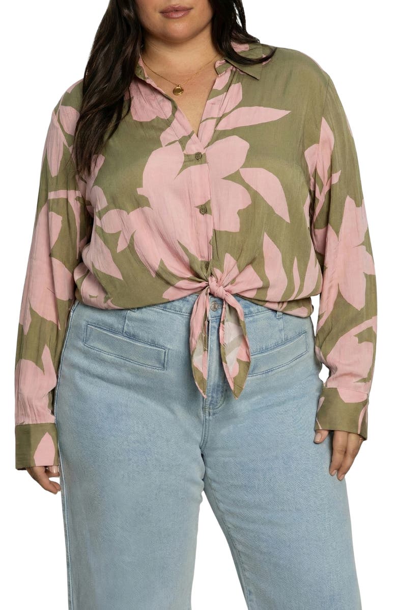 Sanctuary Lover Print Tie Hem Crop Sateen Shirt, Alternate, color, Green/ Pink Silhouette