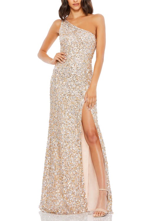 Mac Duggal Sequin One Shoulder Gown W/ Embellishments In Nude