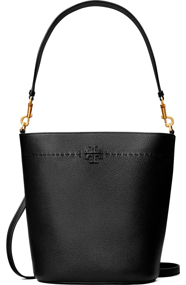 Tory Burch McGraw Leather Bucket Bag, Main, color, Black