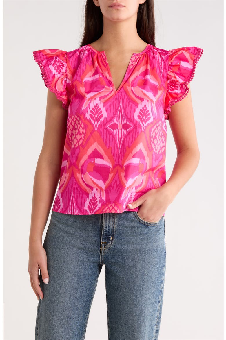 Prissa Ikat Carya Ruffle Sleeve Top, Main, color, MAGENTA-CORAL