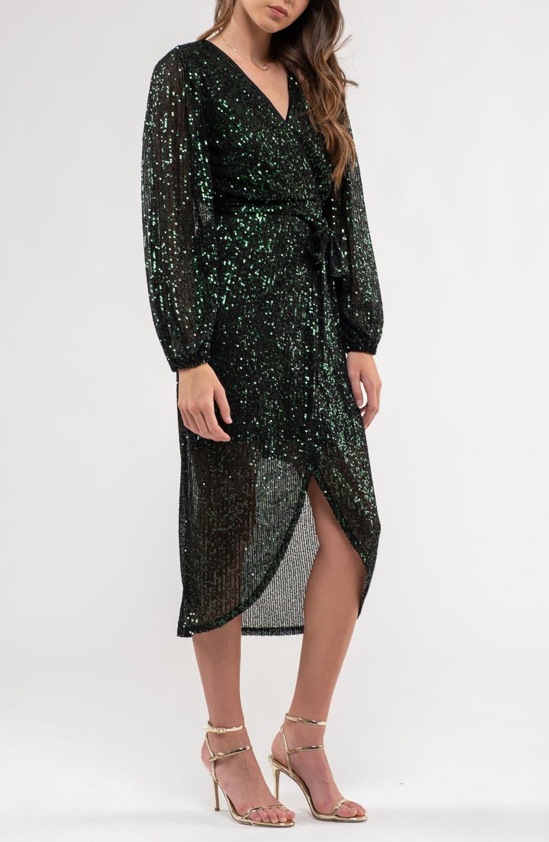 AUGUST SKY Sequin Long Sleeve Dress, Alternate, color, Dark Green