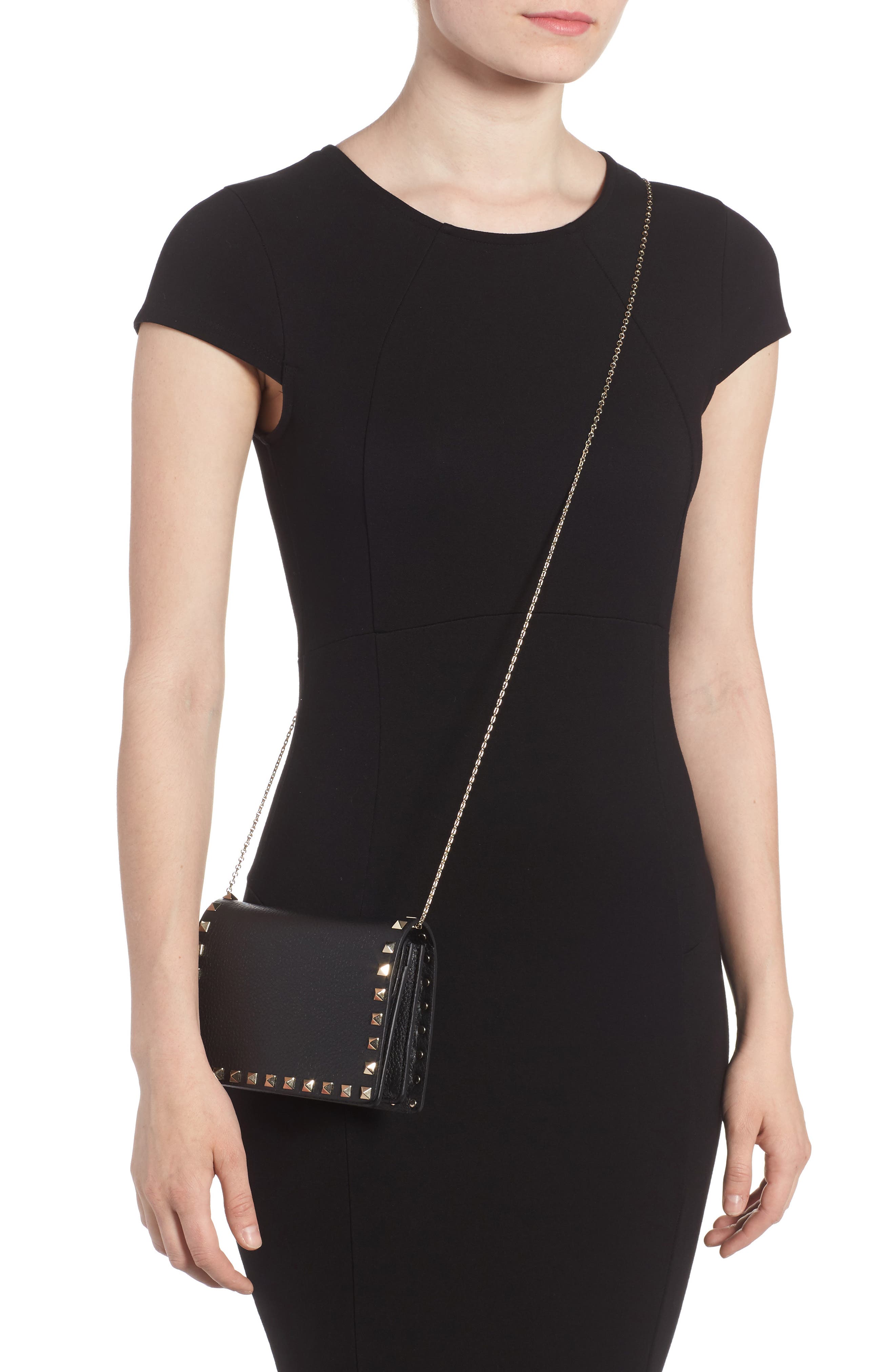 Rockstud Leather Wallet on a Chain, Alternate, color, BLACK