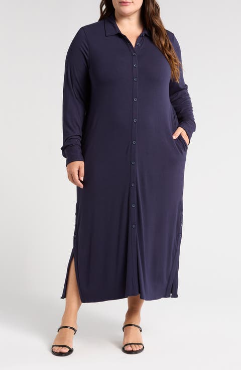 Sally Long Sleeve Liquid Jersey Shirtdress (Plus)
