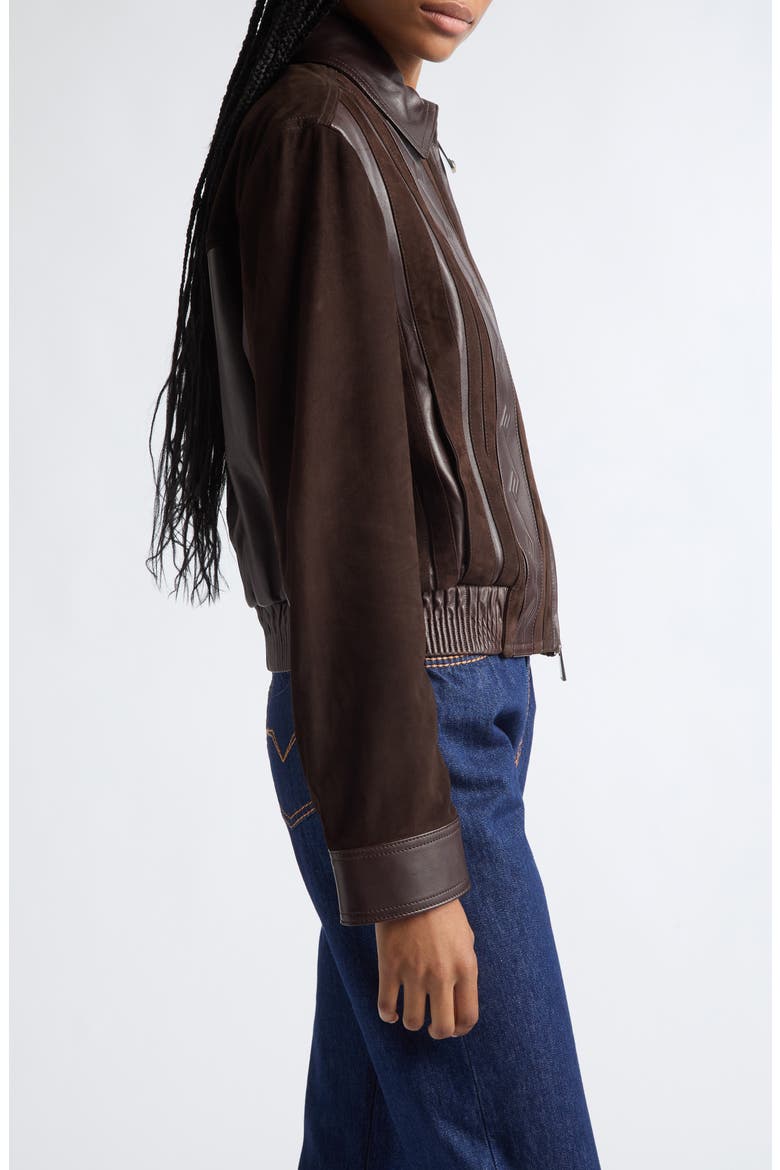 Mixed Media Greca Blouson Jacket, Alternate, color, BROWN