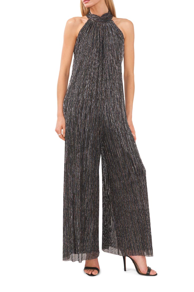 Shimmer Halter Neck Plissé Jumpsuit, Main, color, METALLIC MIDNIGHT