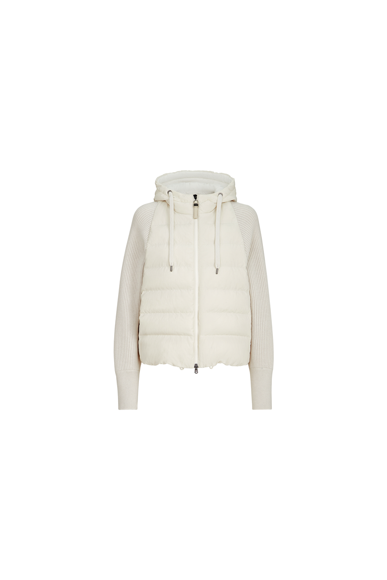 Water-resistant matte nylon hooded down jacket with knit sleeves and monili, Alternate, color, White