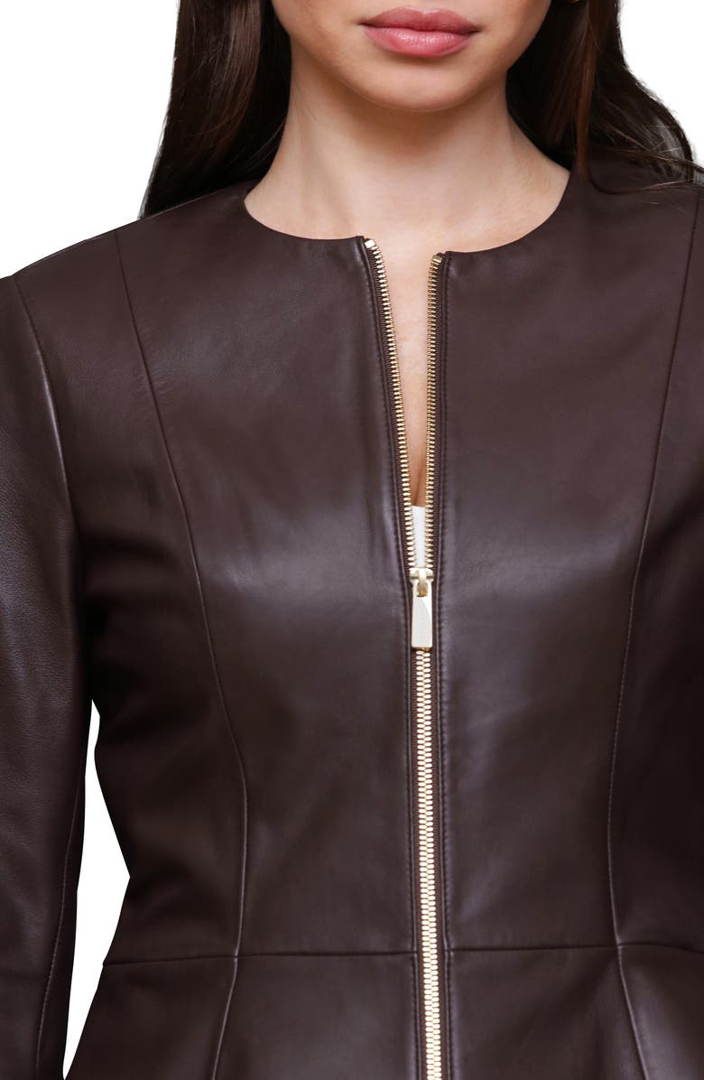 Bagatelle Genuine Leather Zip Front Peplum Jacket, Alternate, color, Chocolate