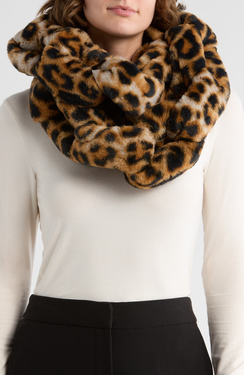 Kurt Geiger London Leopard Print Faux Fur Infiniry Scarf, Main, color, Brown/ Oth