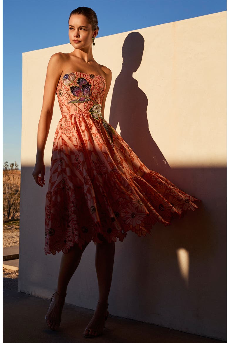 Candace Floral Cutwork Detail Strapless Cocktail Dress, Alternate, color, TANGERINE
