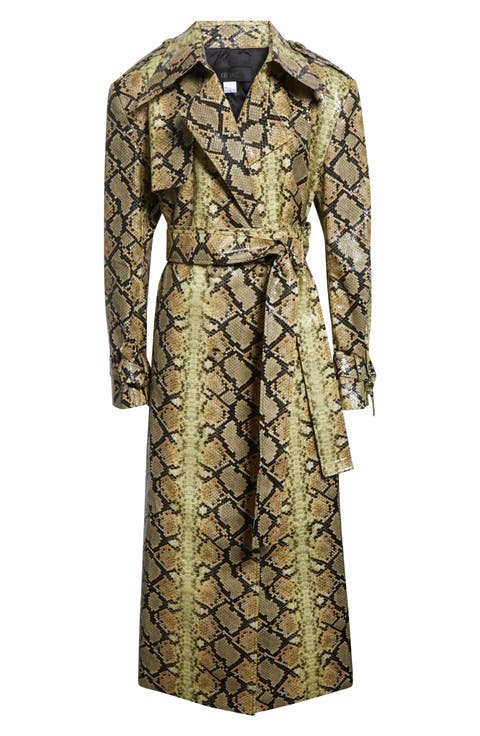 Snakeskin Embossed Faux Leather Trench Coat