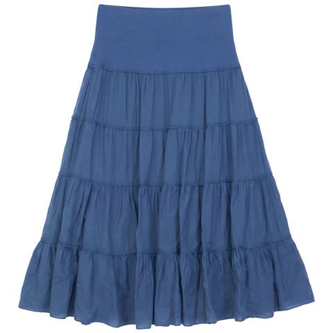Tiered Gauze Rib Elastic Waistband Midi Skirt