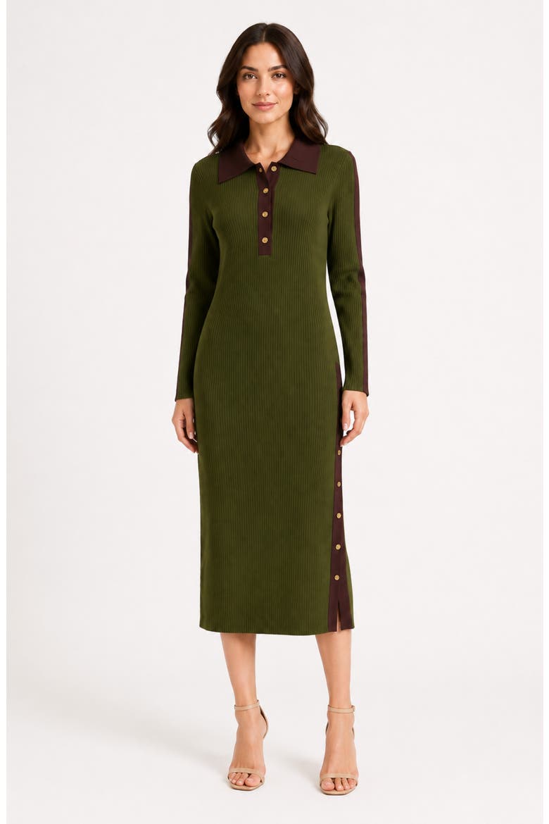 Henley Sweater Dress, Alternate, color, OLIVE / CHOCOLATE