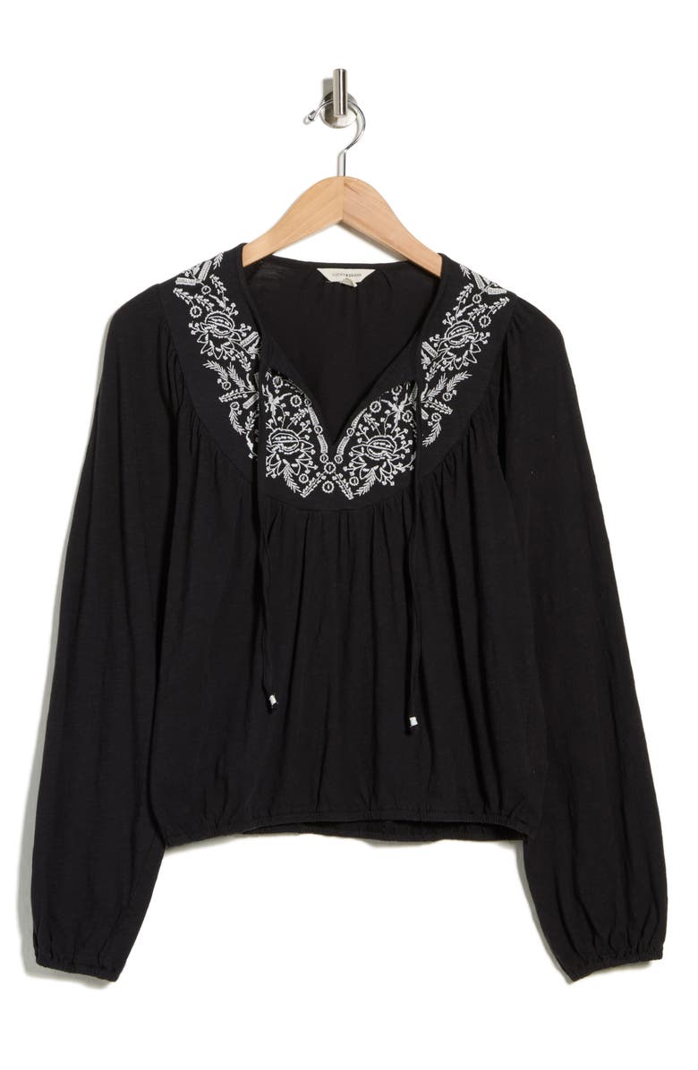 Lucky Brand Tie Neck Bubble Hem Top, Alternate, color, Caviar