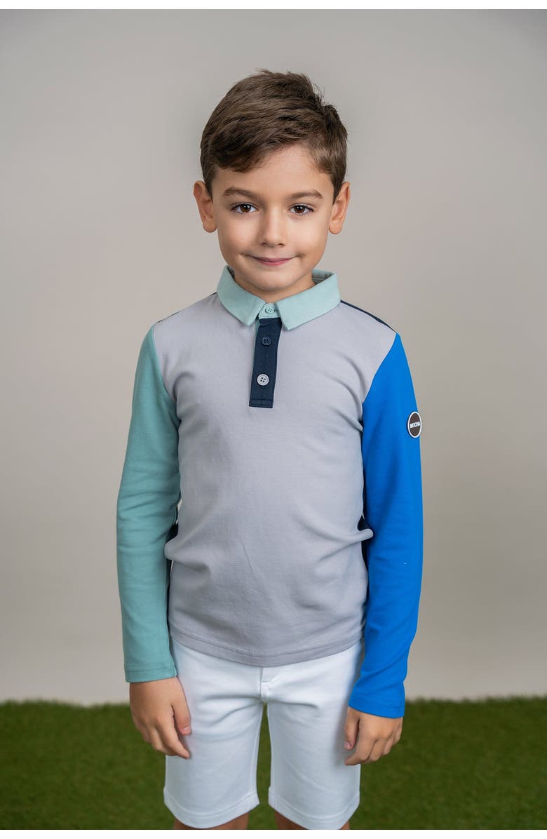 Mocha Woven Long Sleeve Contrast Polo, Alternate, color, Navy/Grey