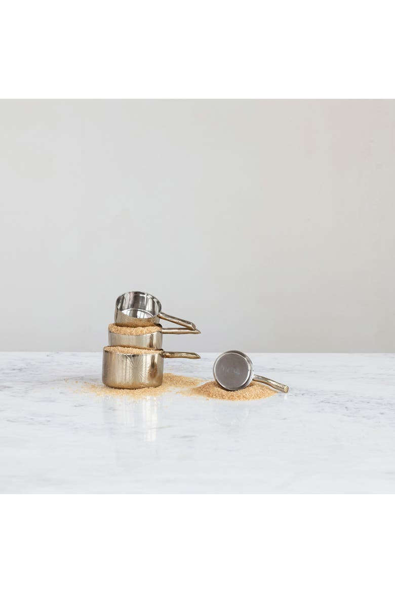 4-Piece Stainless Steel Measuring Cups with Etched Flowers and Twig Shaped Handles, Brass, Alternate, color, Brass
