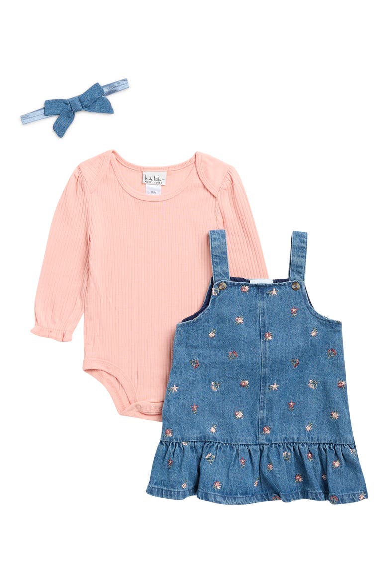 Kids' 3-Piece Denim Jumper, Bodysuit & Headband Set, Main, color, MED WASH DENIM
