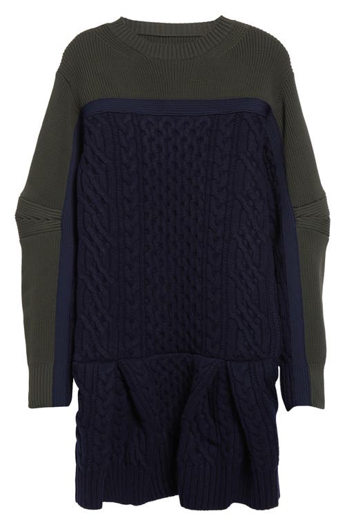 Sacai Mixed Media Colorblock Long Sleeve Wool Sweater Dress In Navy X Khaki 212