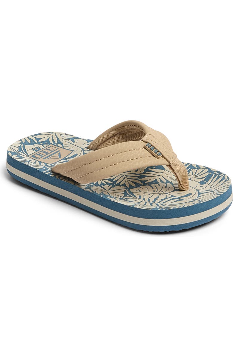 Reef Kids' Ahi Flip Flop, Main, color, Blue/ Tan Palm