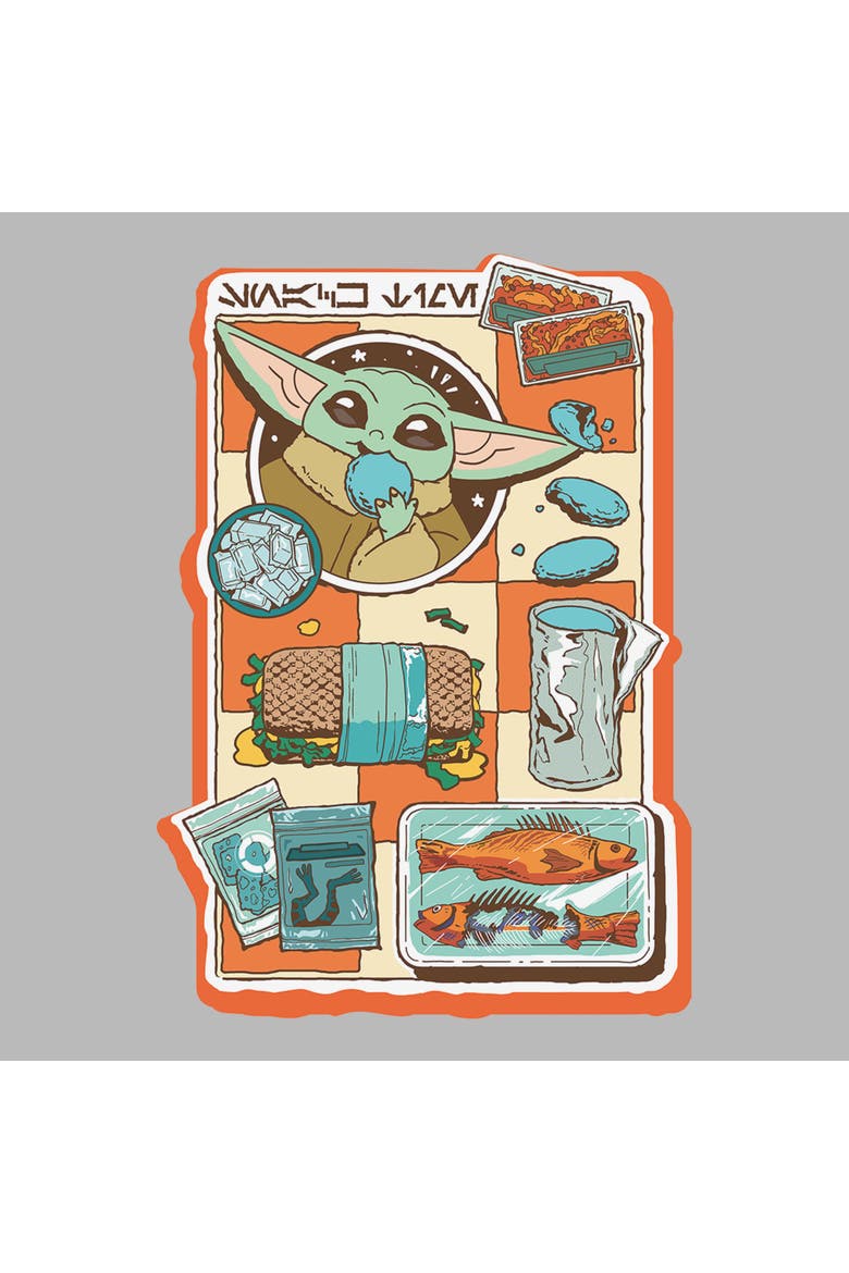 Men's Star Wars The Mandalorian and Grogu Snack Time Comic Foods  Graphic T-Shirt, Alternate, color, Ice Grey