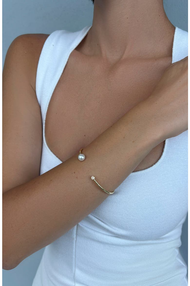 14k Gold Plated Imitation Pearl & Crystal Cuff Bracelet, Alternate, color, WHITE/ GOLD