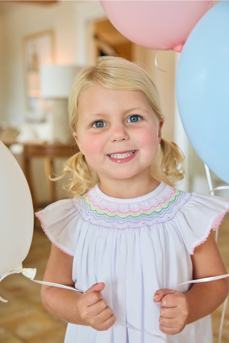 Kids' Woven Smocked Bishop Dress, Alternate, color, White with Rainbow