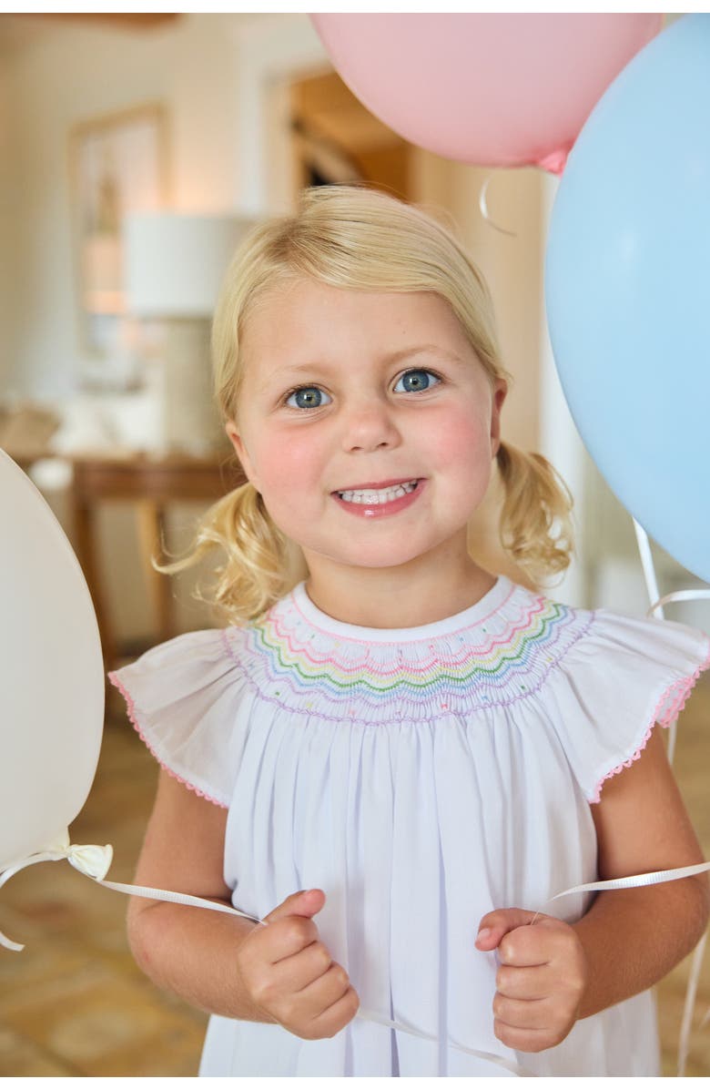Little English Kids' Woven Smocked Bishop Dress, Alternate, color, White With Rainbow
