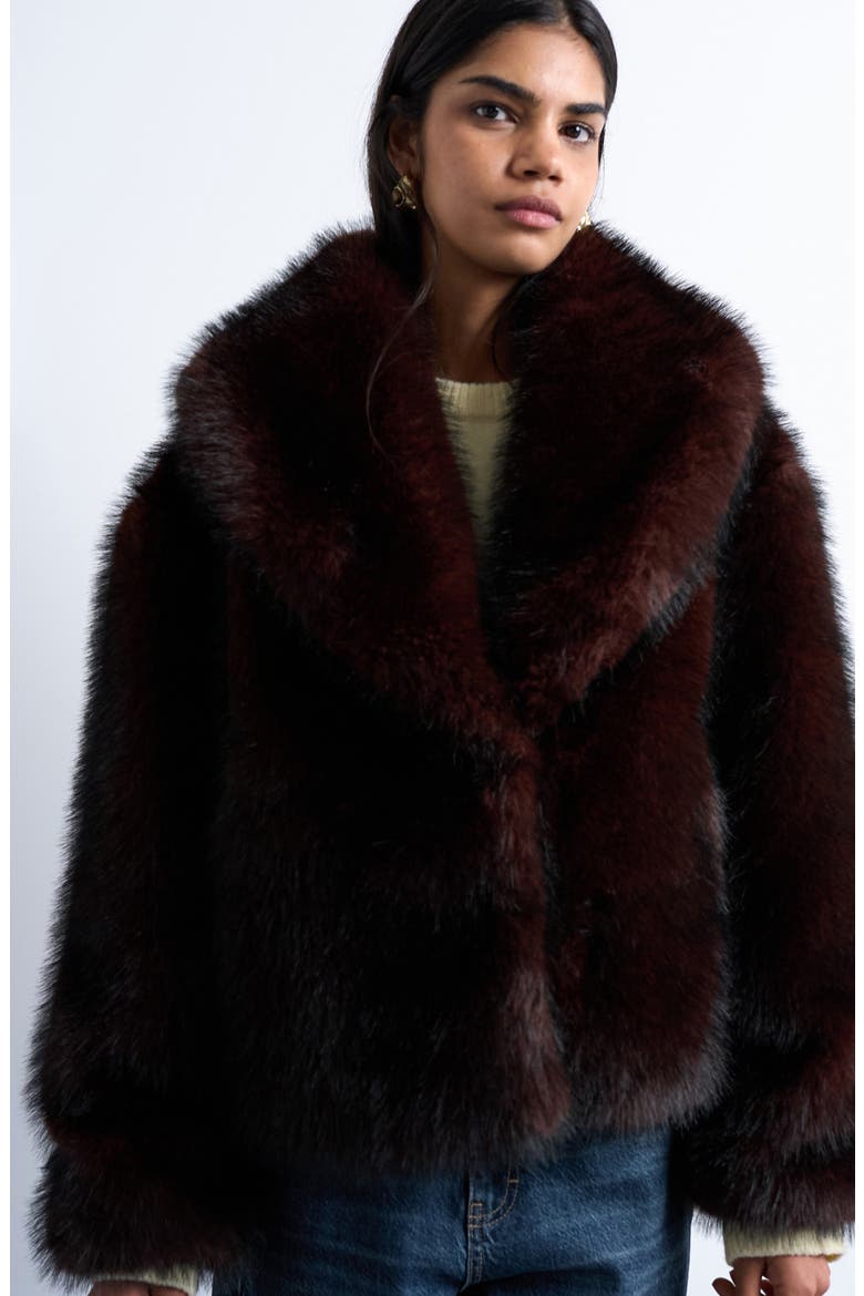 Boxy Faux Fur Coat, Main, color, BURGUNDY