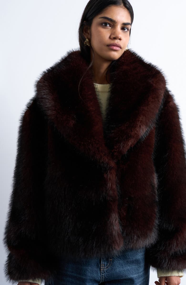 Topshop Boxy Faux Fur Coat, Main, color, Burgundy