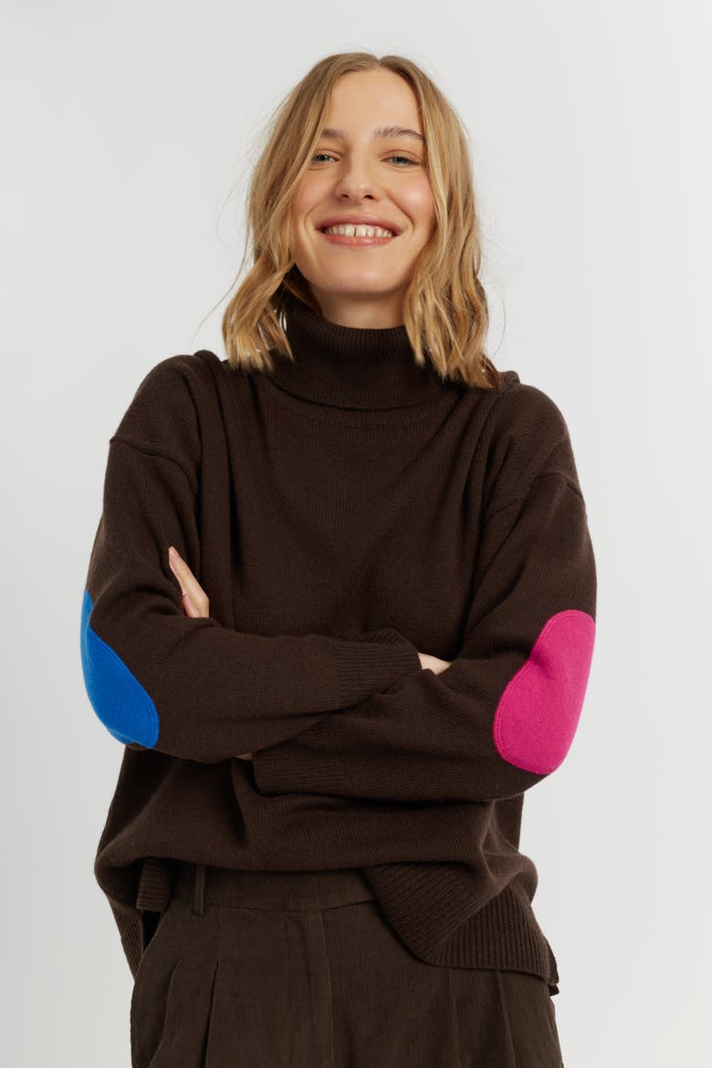 Wool Cashmere Elbow Patch Rollneck Sweater, Alternate, color, Chocolate