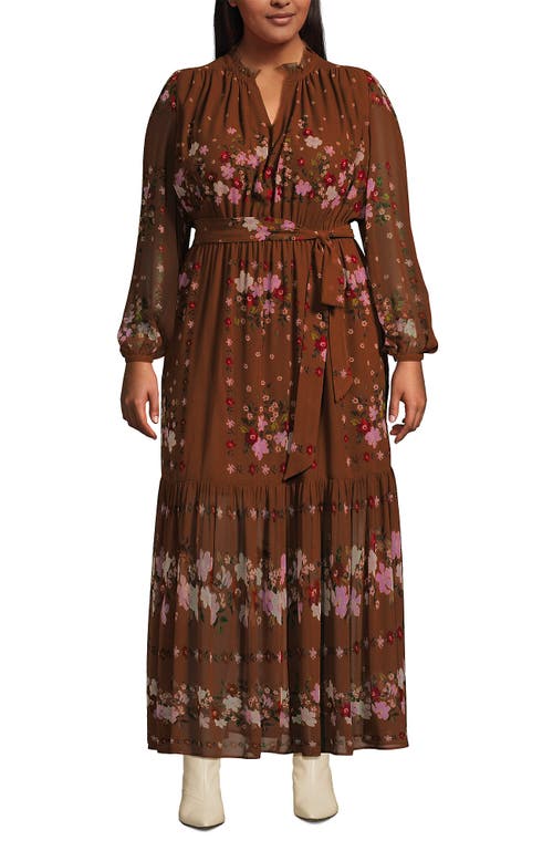 Lands' End Plus Size Chiffon Tiered Long Sleeve Maxi Dress In Brown