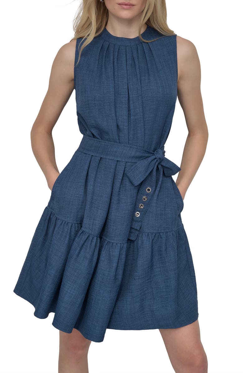 DKNY Tie Waist Denim Dress, Alternate, color, Denim