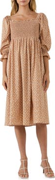 English Factory Floral Smocked Long Sleeve Midi Dress