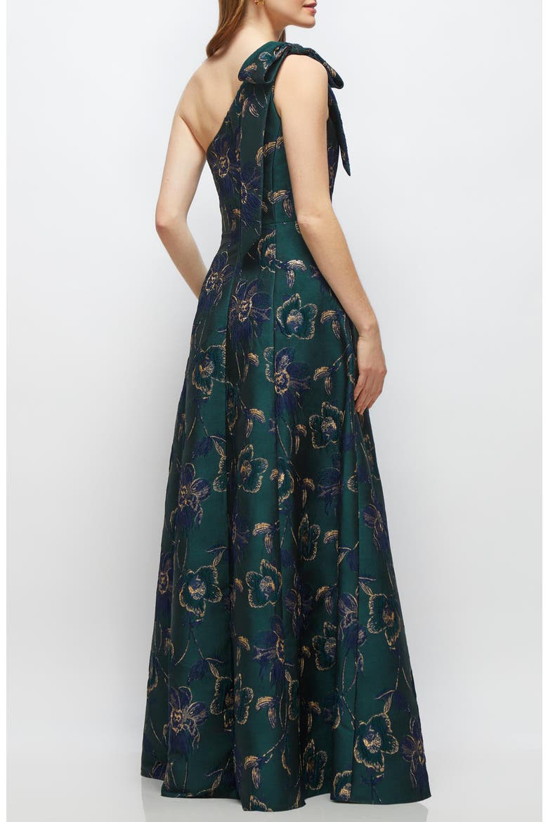 One-Shoulder Metallic Jacquard Trumpet Gown, Alternate, color, EVERGREEN FLORAL