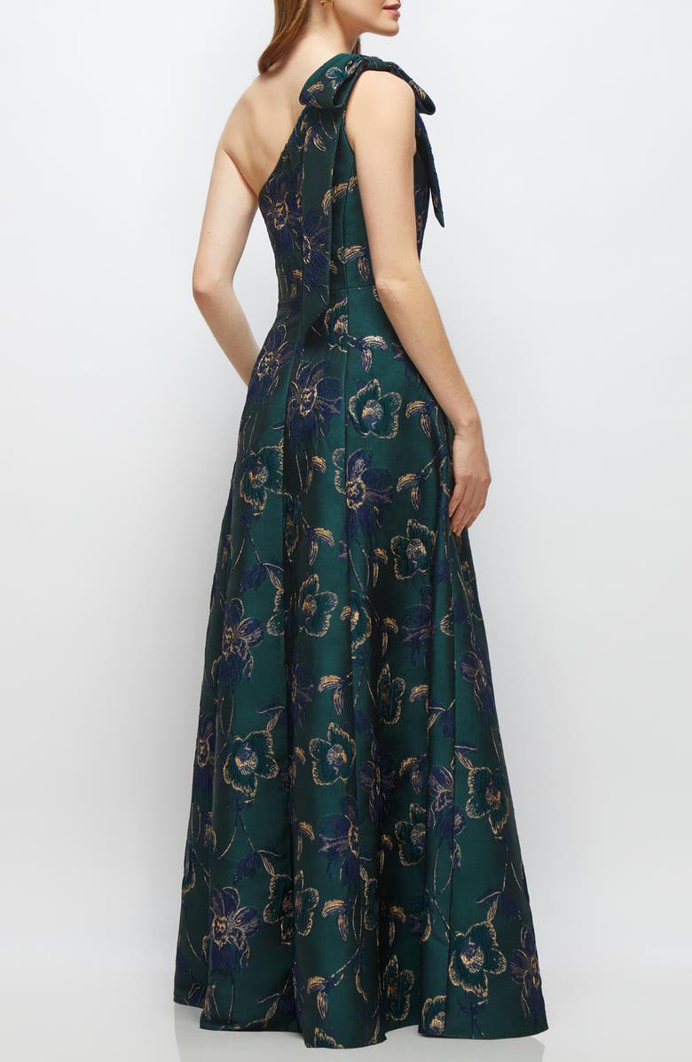 Alfred Sung One-Shoulder Metallic Jacquard Trumpet Gown, Alternate, color, Evergreen Floral