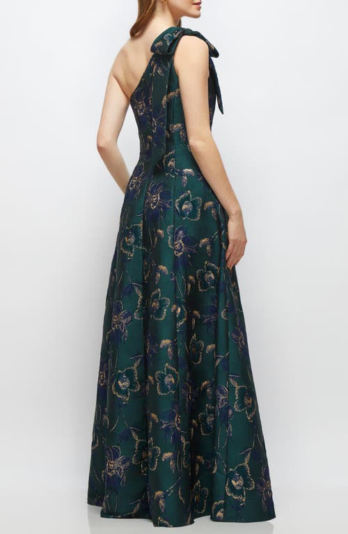 Alfred Sung One-shoulder Metallic Jacquard Trumpet Gown In Green