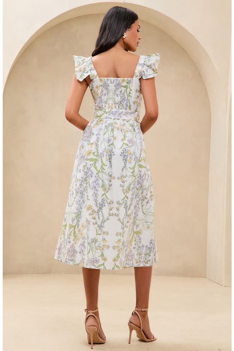 Floral Print Ruffle Belted Midi Dress, Alternate, color, WHITE