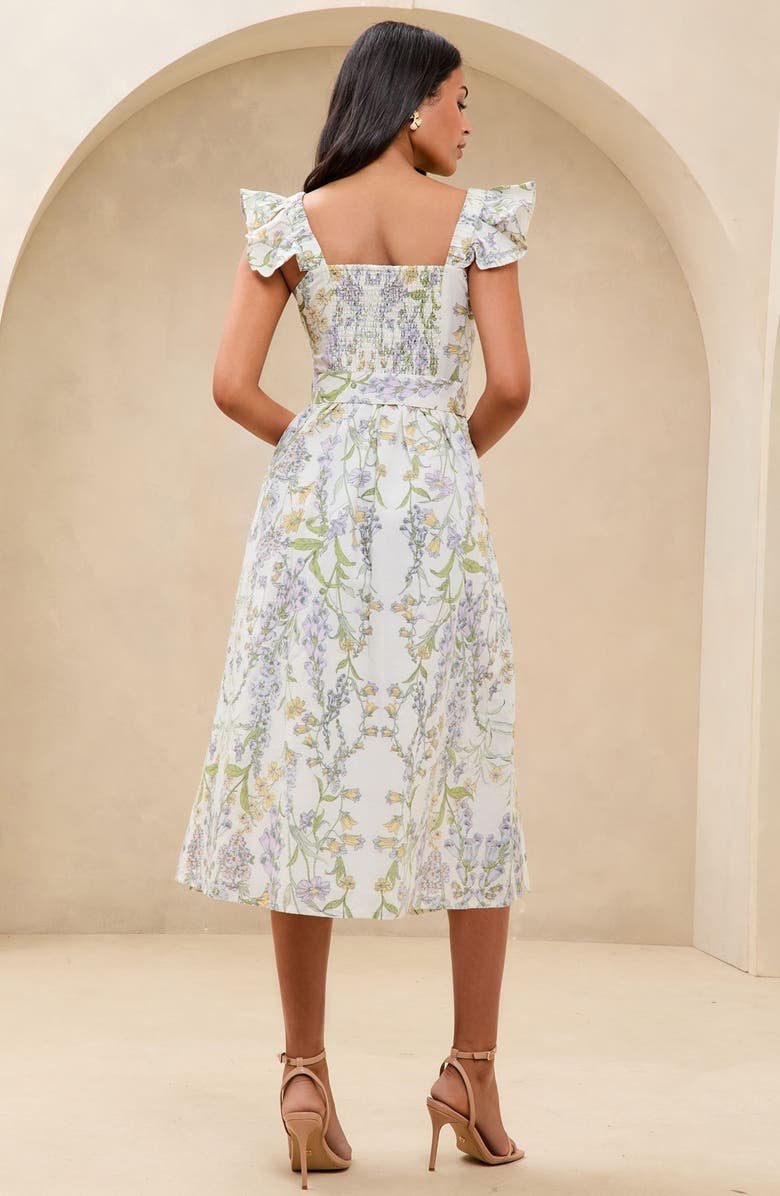 Lipsy Floral Print Ruffle Belted Midi Dress, Alternate, color, White