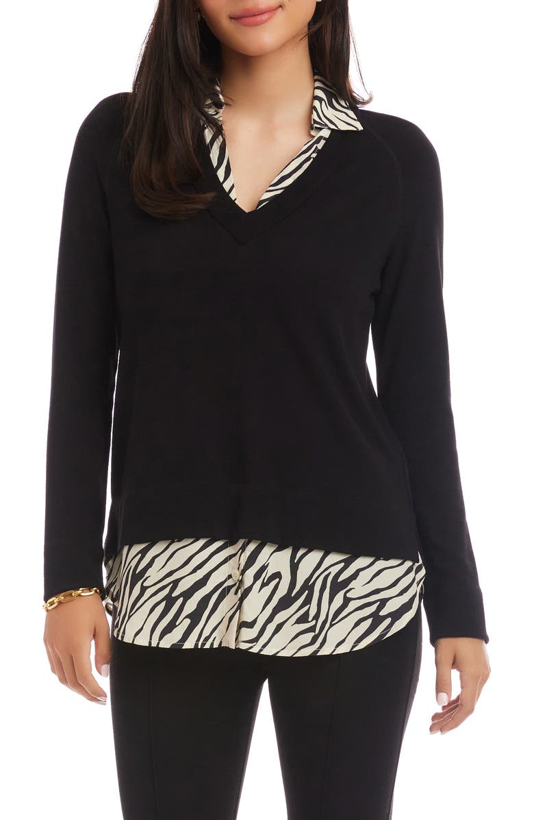 Karen Kane Mixed Media Layered Sweater, Main, color, Black Zebra Print