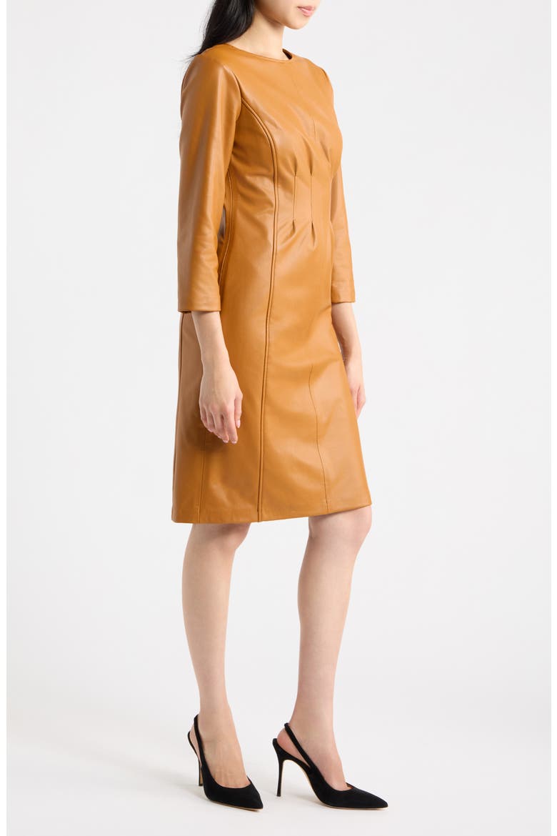 Pleated Waist Faux Leather Sheath Dress, Alternate, color, TOAST