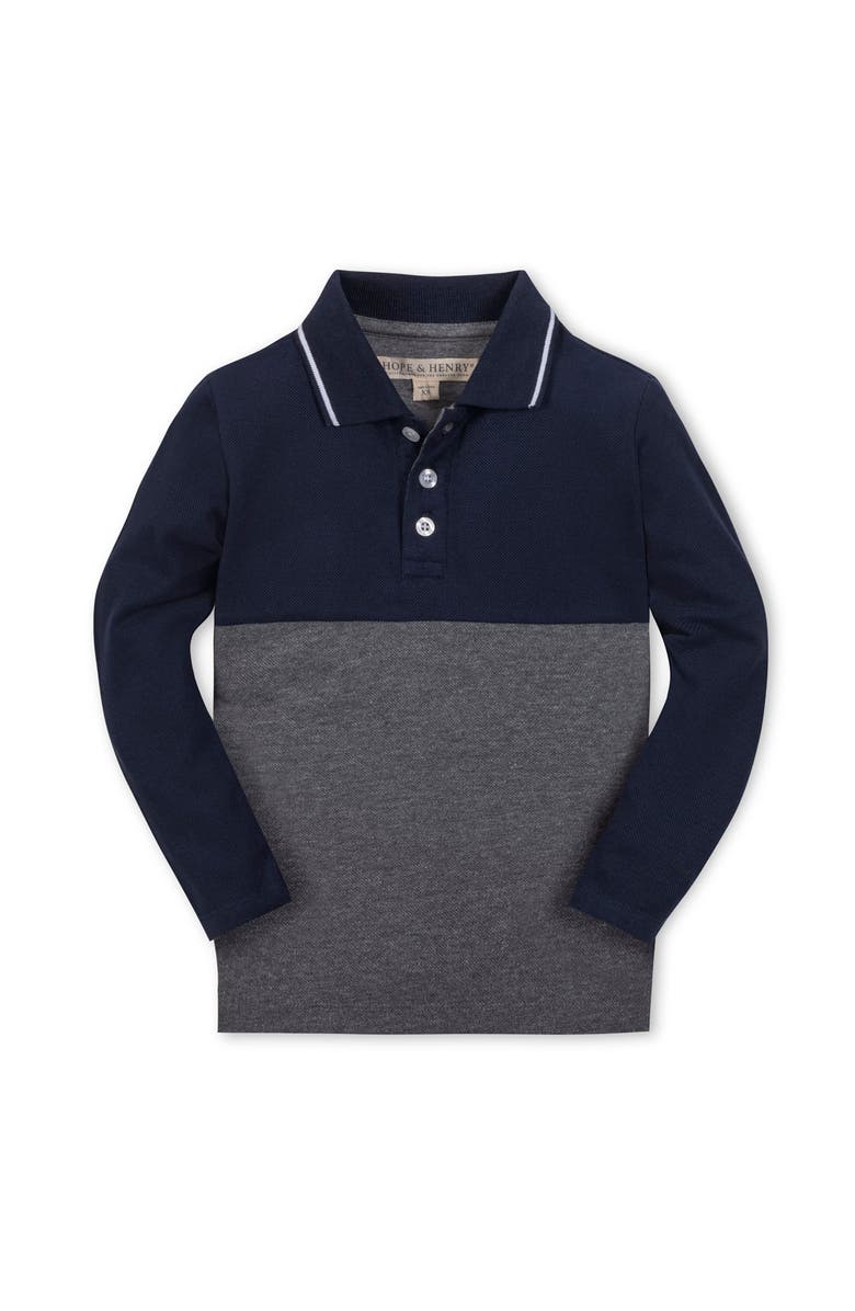 Hope & Henry Kids' Organic Long Sleeve Colorblock Jersey Polo, Main, color, Navy And Dark Gray Heather
