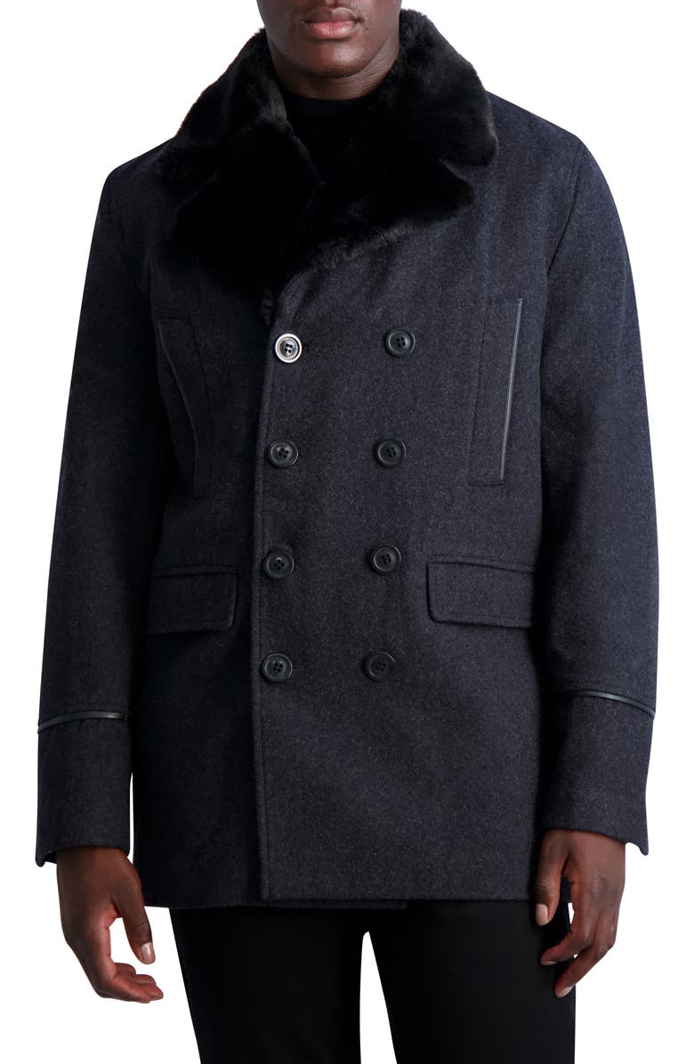 KARL LAGERFELD PARIS Wool Blend Peacoat with Faux Fur Collar, Main, color, Charcoal/ Black