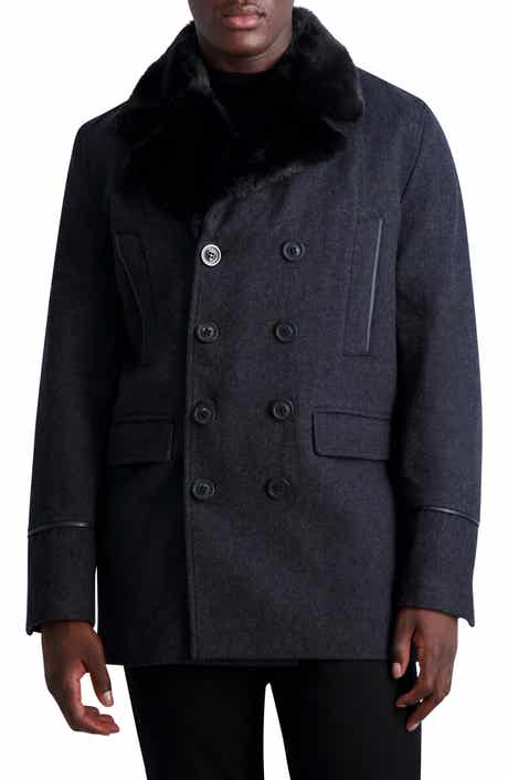 KARL LAGERFELD PARIS Wool Blend Peacoat with Faux Fur Collar