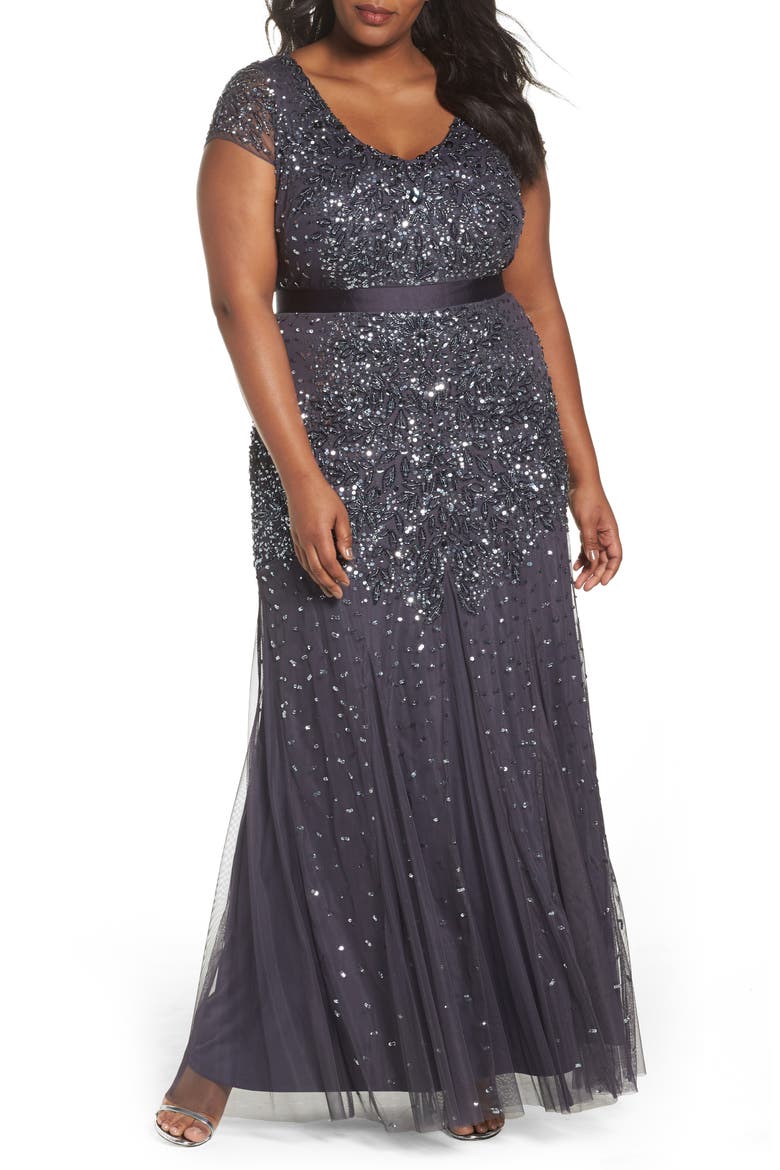 Beaded V-Neck Gown, Alternate, color, GUNMETAL