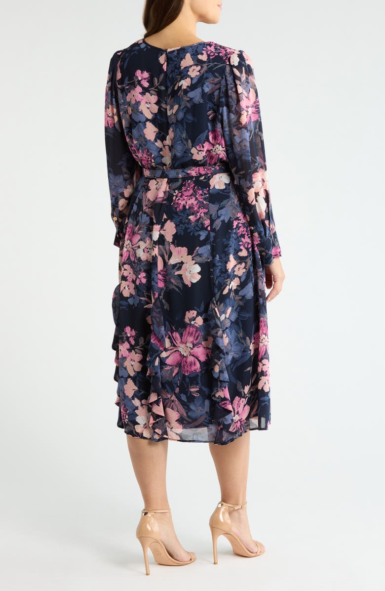 Tahari ASL Floral Belted Long Sleeve Dress, Alternate, color, Navy Peri Rose