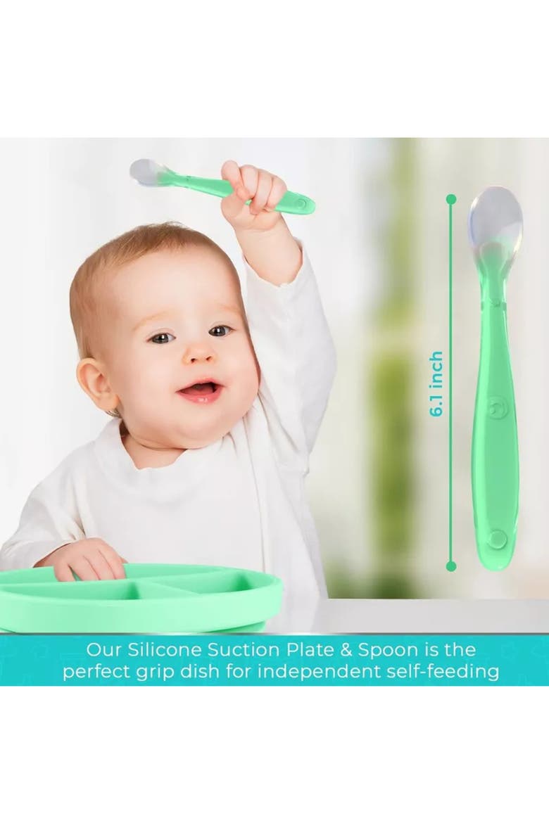 Silicone Suction Divided Plate and Spoon Toddler Training Self Feeding Set, 2-Pack, Alternate, color, Blue & Light Green