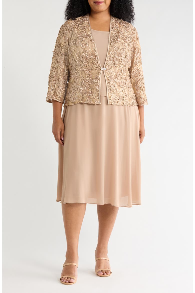 Sequin Lace Jacket & Sleeveless Dress Set, Main, color, TOFFEE