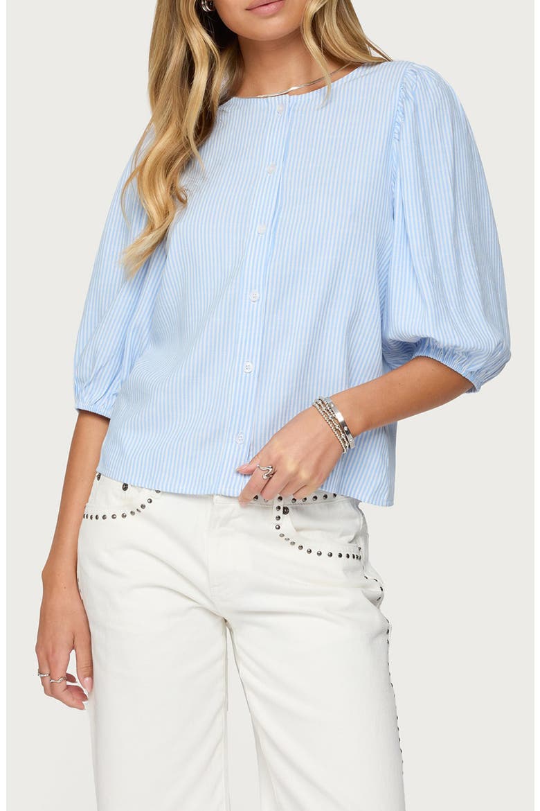 Crop Pinstripe Button-Up Shirt, Main, color, LIGHT-BLUE