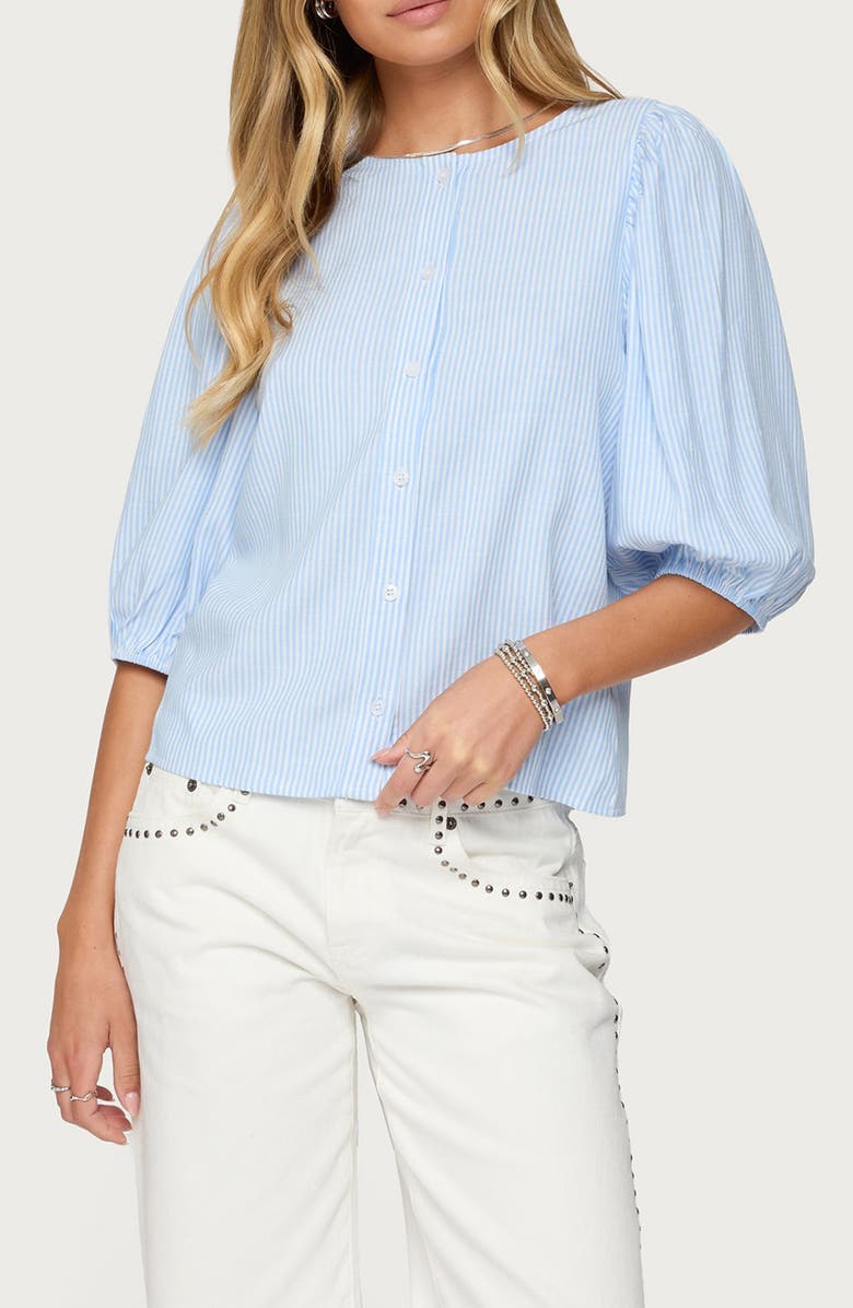 EDIKTED Crop Pinstripe Button-Up Shirt, Main, color, Light-Blue