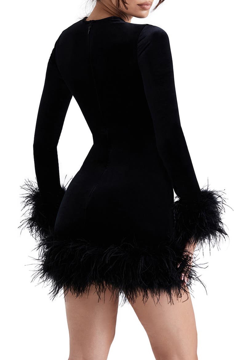 Lavinia Feather Trim Long Sleeve Velvet Minidress, Alternate, color, BLACK
