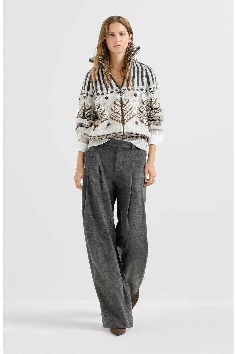 Virgin wool and cashmere twill flannel pleated barrel trousers with monili, Alternate, color, Stone Grey